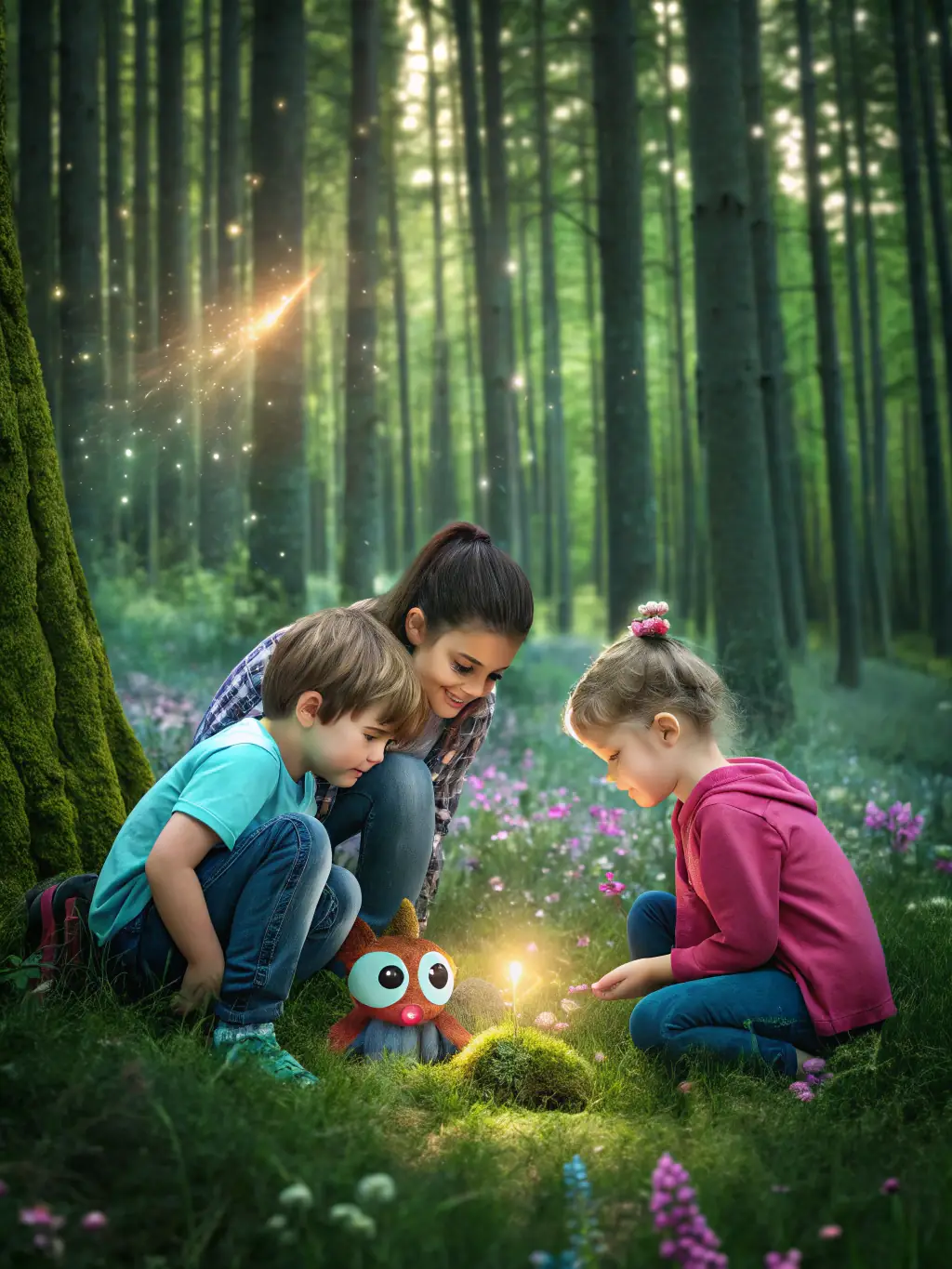 A group of local school children learning about wildlife tracking from a SCCCLV member in a forest setting, emphasizing the educational aspect of the club's community involvement.