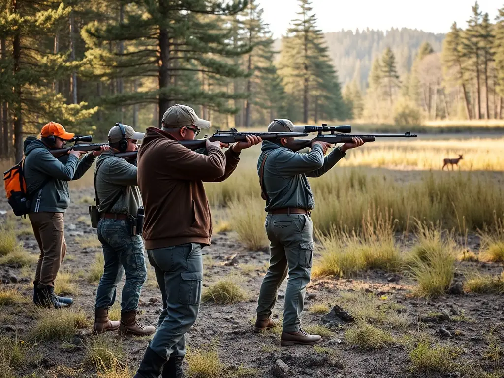A photograph capturing a group of hunters participating in a guided deer hunt in the Comps-Lagrand-Ville region, emphasizing the club's commitment to ethical hunting practices and community engagement.